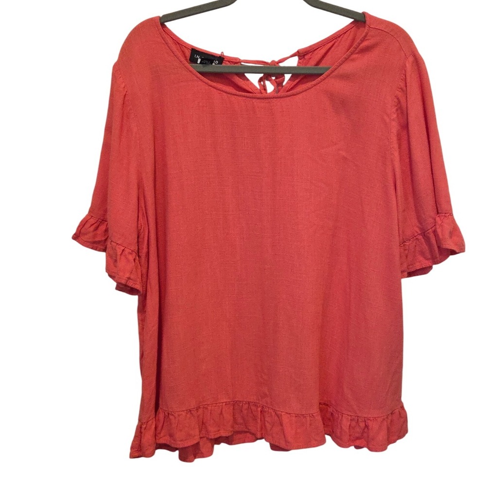 I.N. Studio Coral Ruffle‎ Hem Tie Back Top Women's 1X Plus Size linen blend